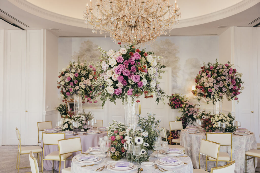 Elegant wedding reception table design at Sherwood Country Club