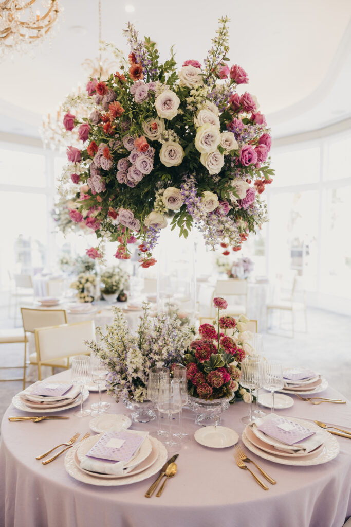Elegant wedding reception table design at Sherwood Country Club